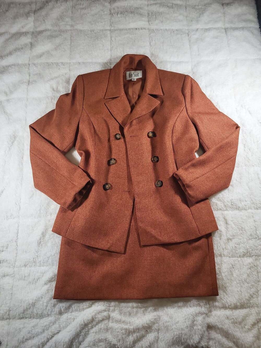 Le Suit Skirt Suit Size 8 Rust Orange Herringbone Double Breasted Blazer